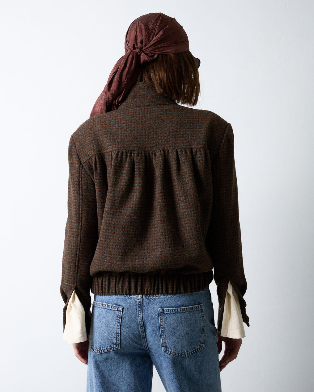 Chaqueta Bomber Canesú Cuadros Con Lana Marrón