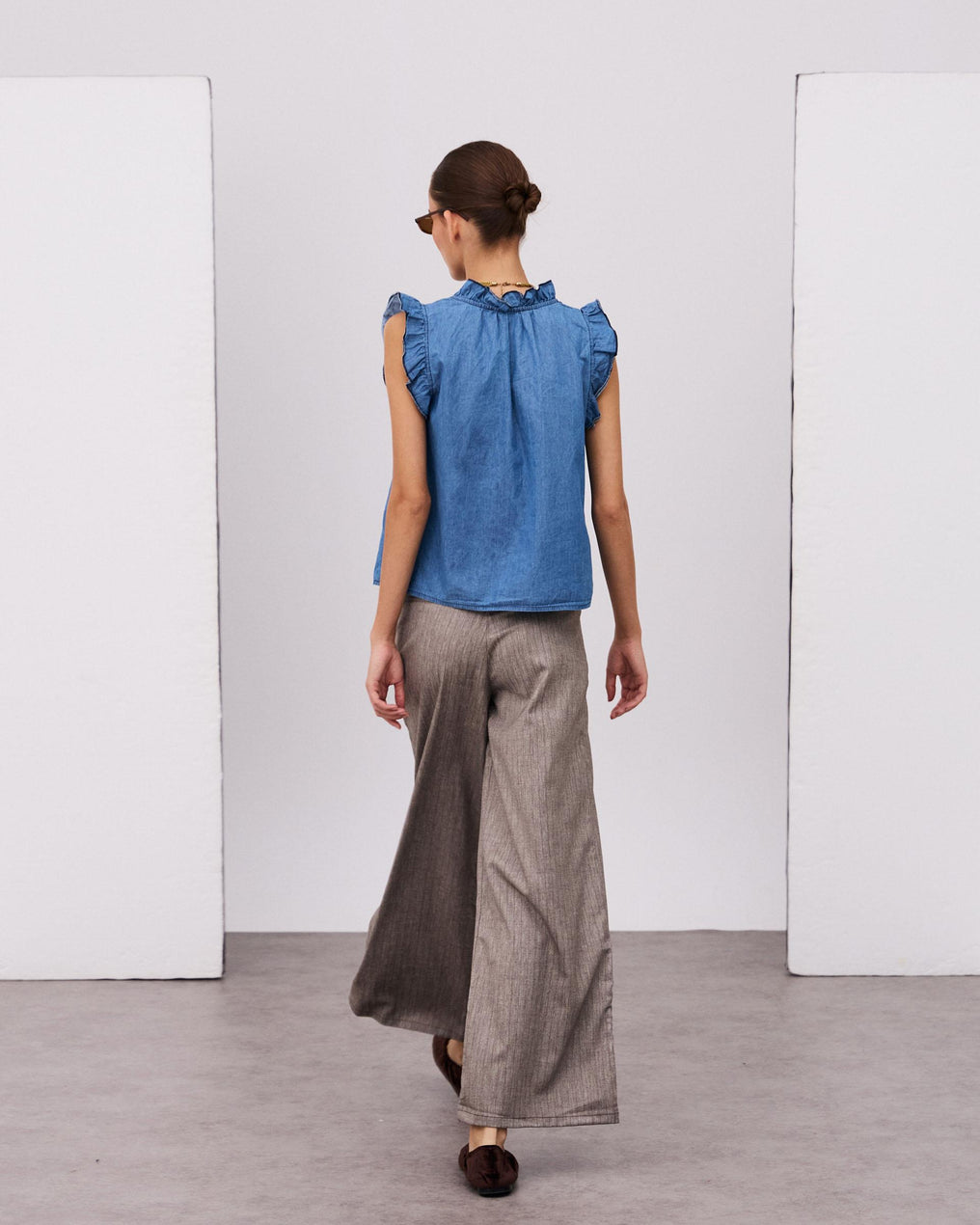 Blusa Sin Mangas Volantes Escote V Tipo Denim Azul Jeans