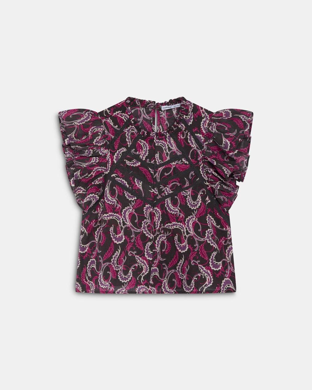 Blusa Manga Curta Volantes Rendas Padrão Antracite