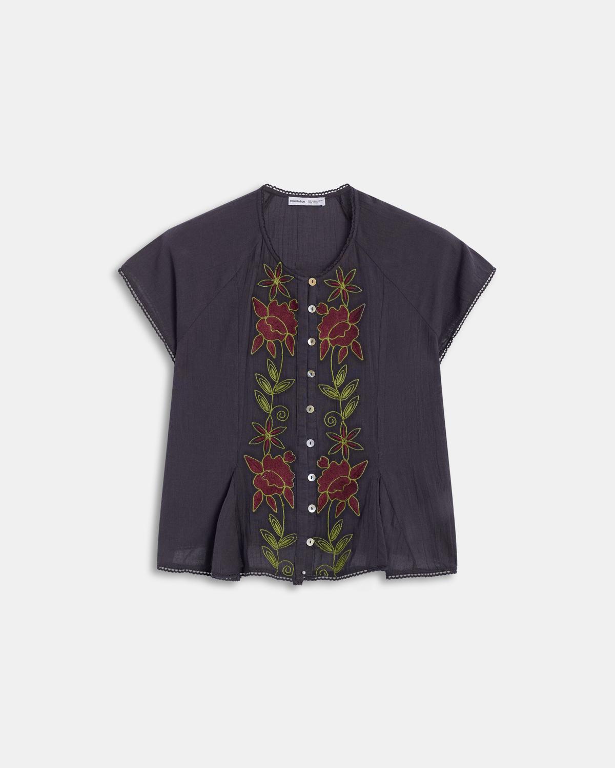 Anthracite Floral Embroidered Sleeveless Blouse