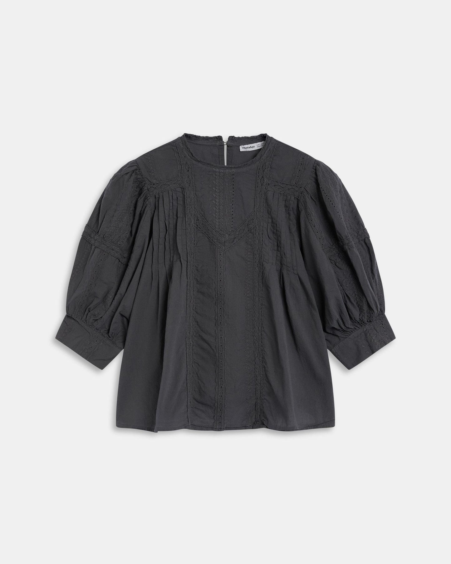 Blusa Manga Francesa Puntillas Jaretas Antracita