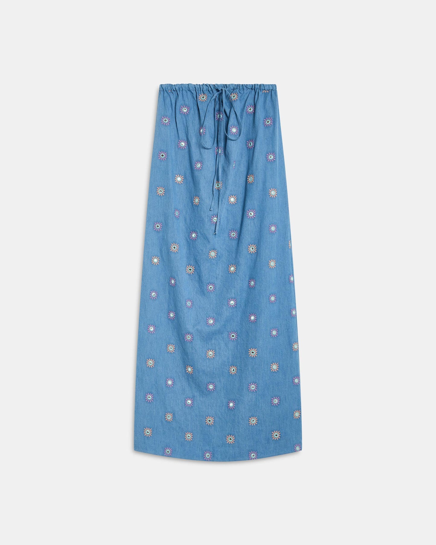 Vestido Bordados Sóis Espelhos Azul Jeans