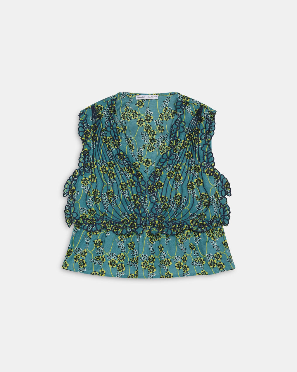 Top Bleu Imprimé à Broderies Florales
