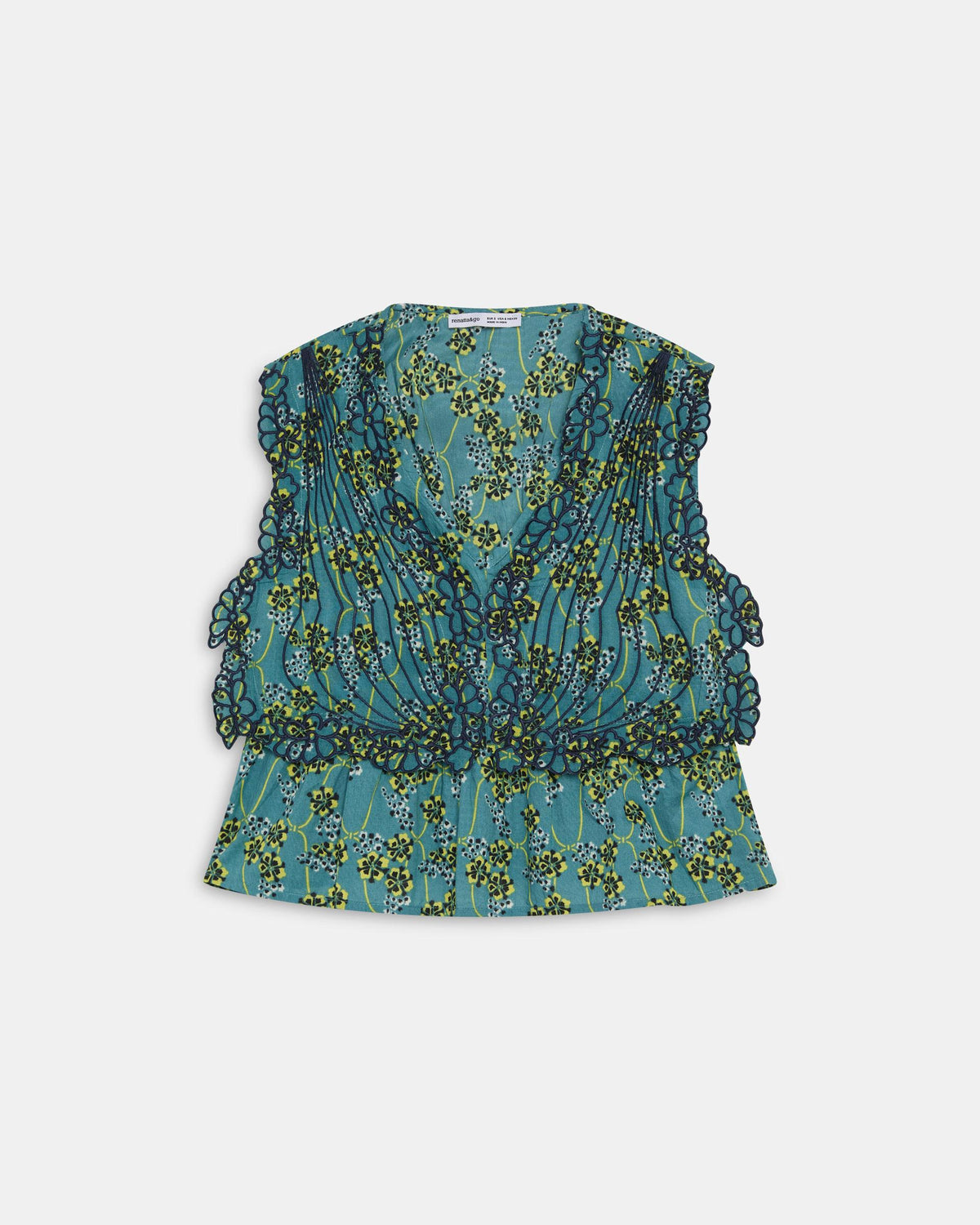 Top Bleu Imprimé à Broderies Florales