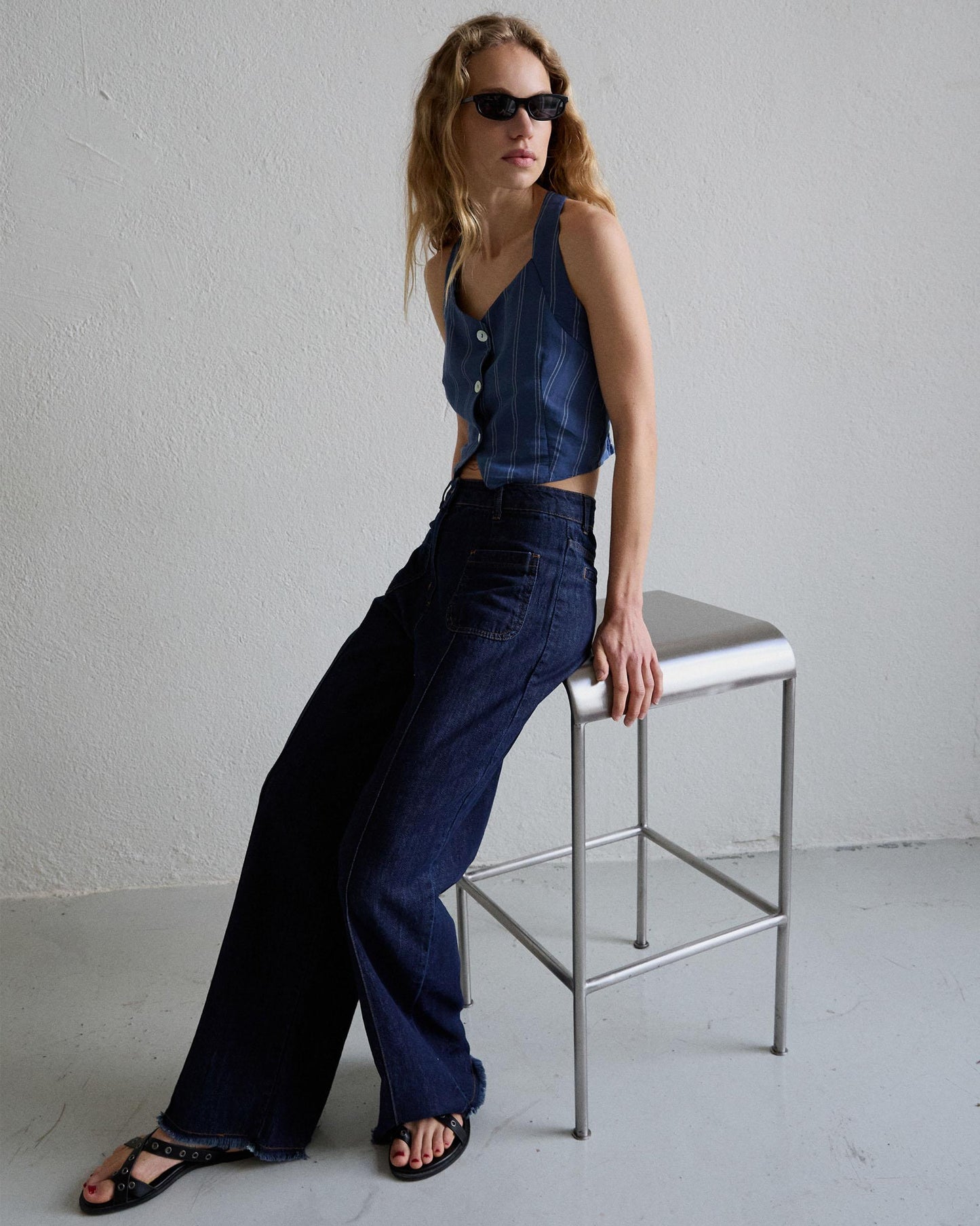 Top Botones Rayas Azul