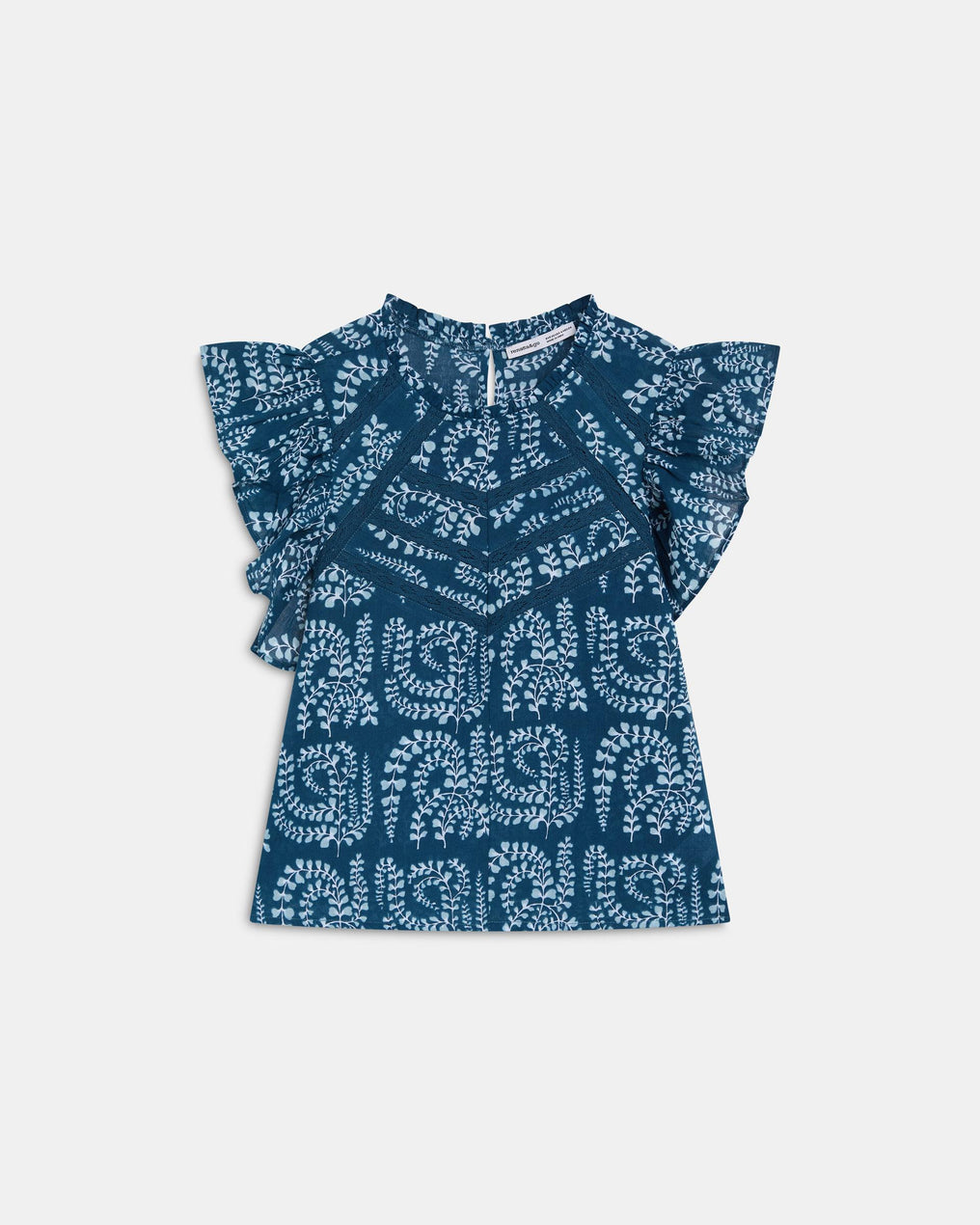 Blusa Manga Corta Volantes Puntillas Estampada Azul Oscuro
