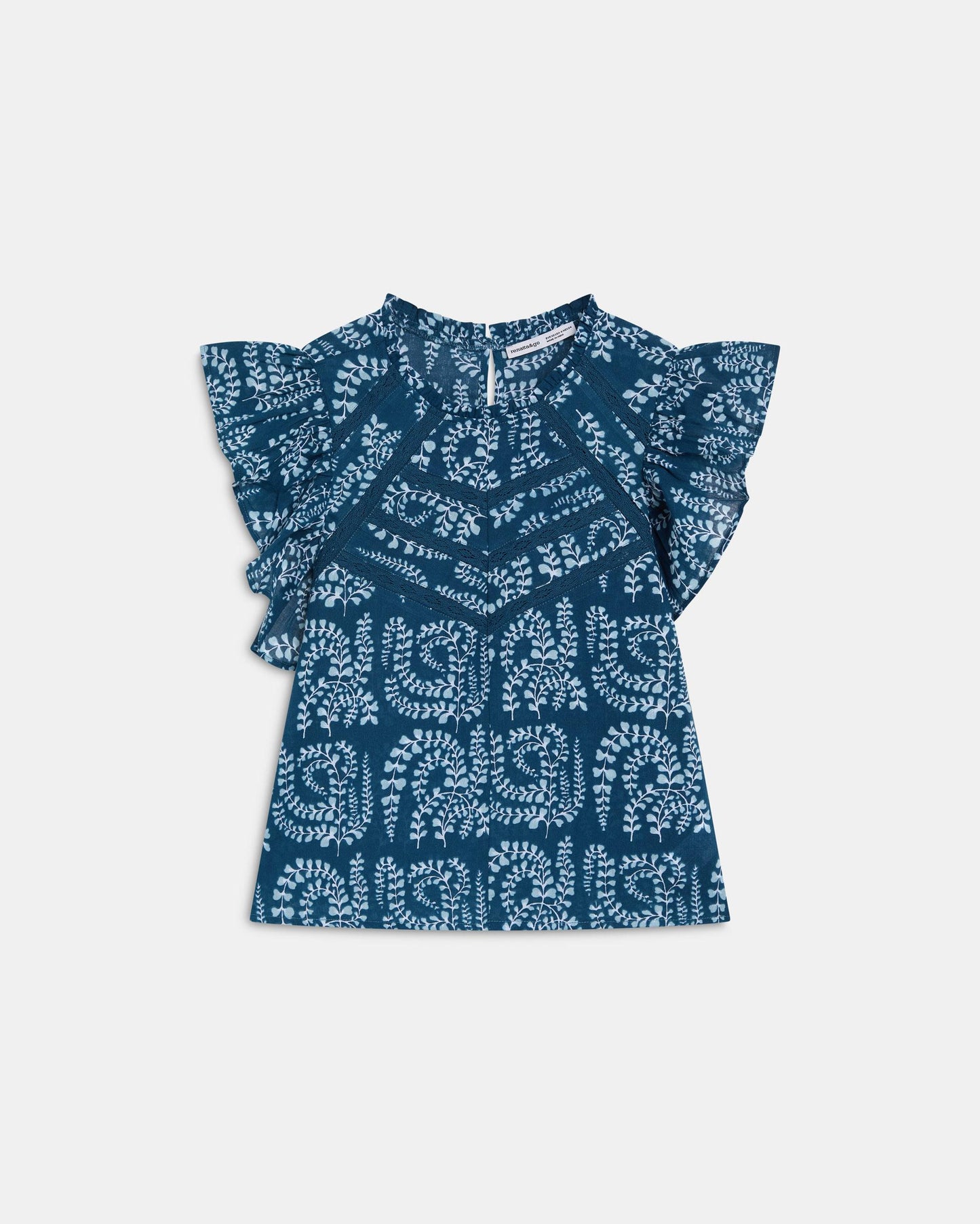 Blusa Manga Corta Volantes Puntillas Estampada Azul Oscuro