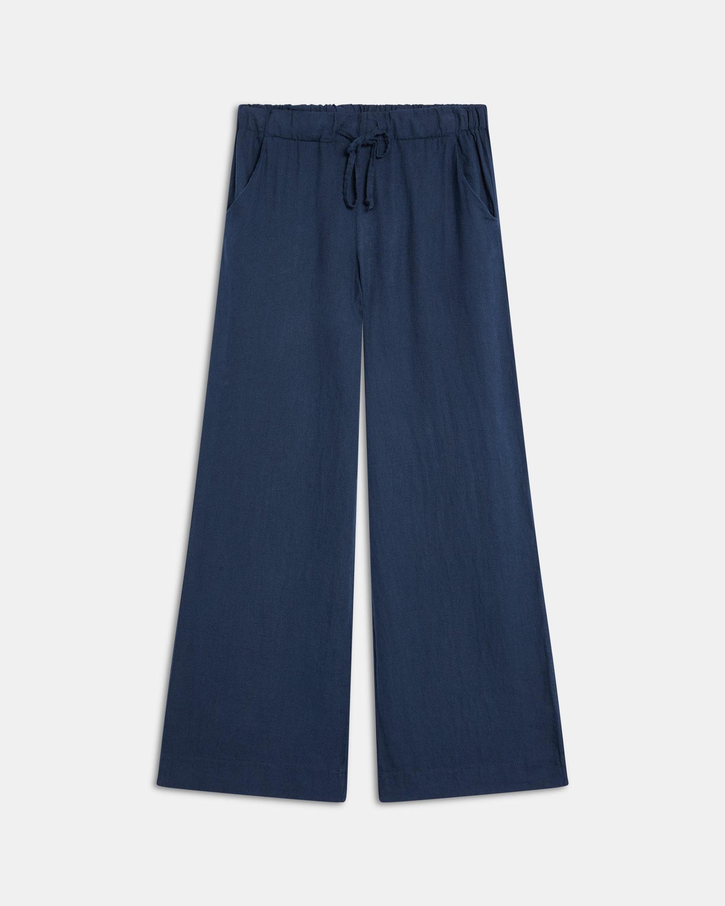 Calças Fluidas com Cordão com Linho Azul Marinho