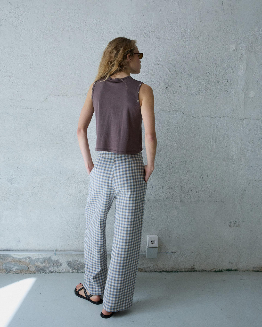 Pantalón Wide Leg Pinzas Cuadros Vichy Azul