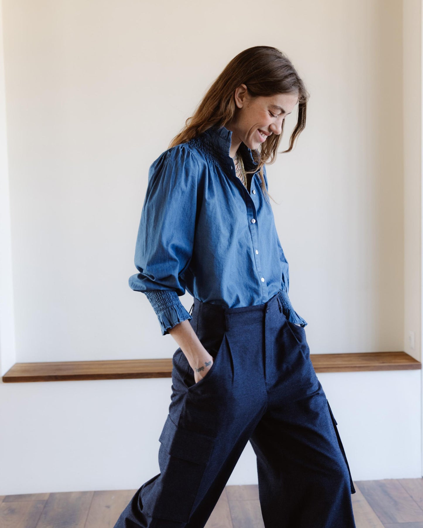 Blouse Col Montant Type Denim Bleu Jean