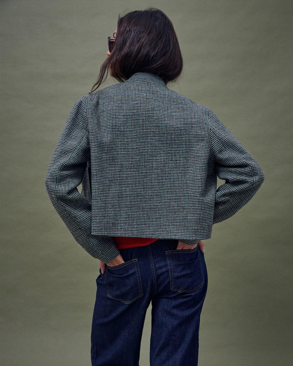 Chaqueta Corta Botones Mezcla Lana Verde