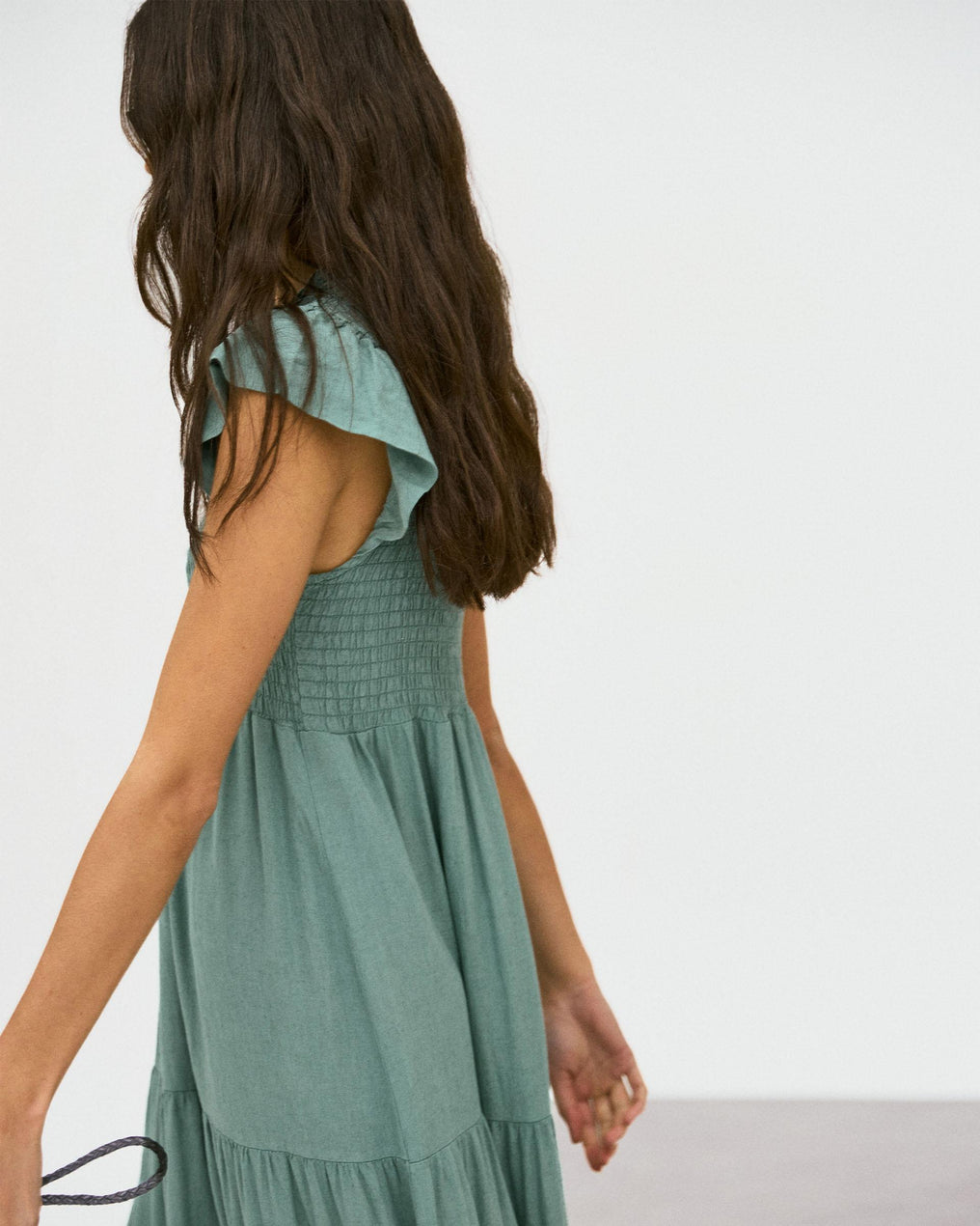 Vestido Largo Lino Nido De Abeja Verde Agua