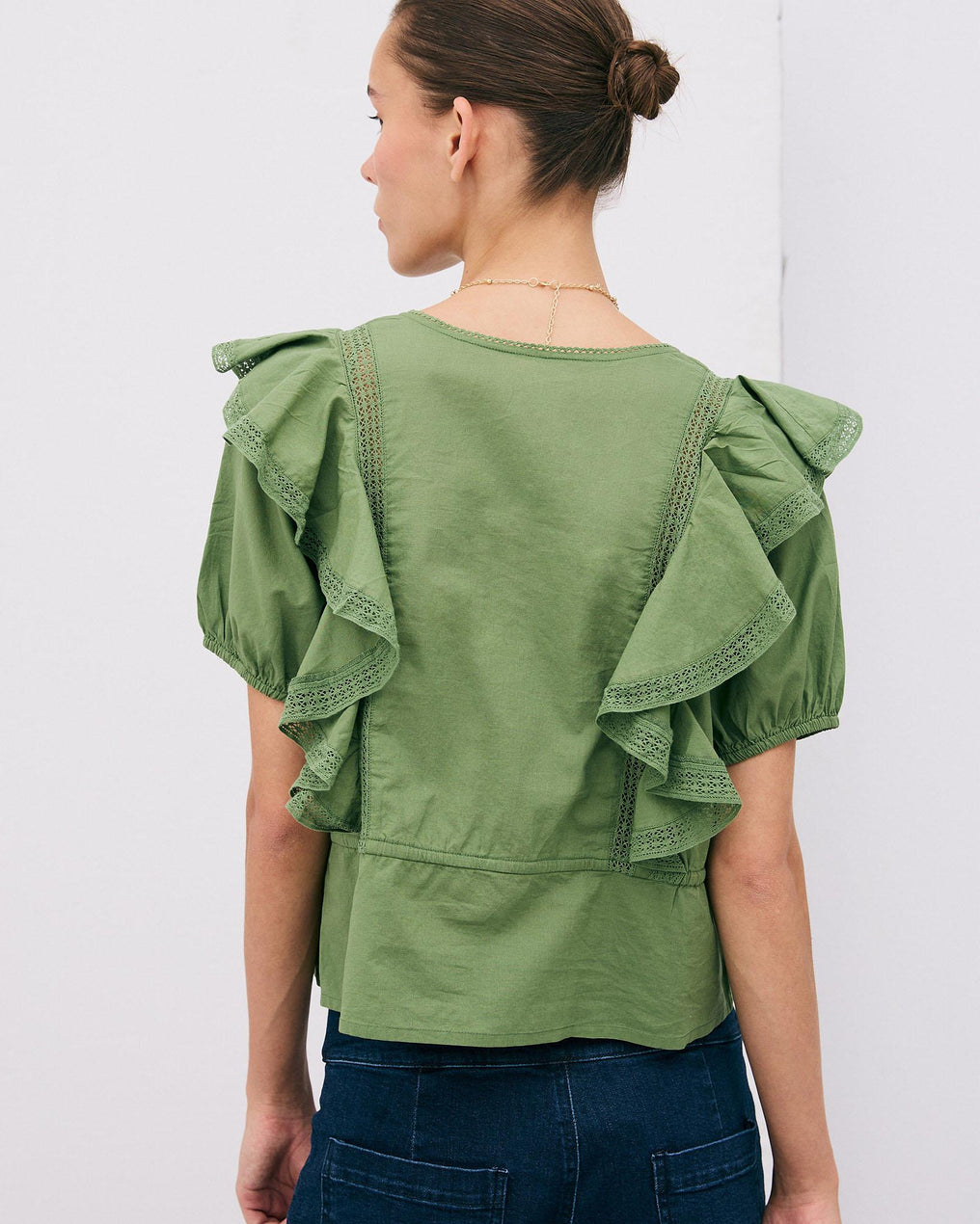 Short Sleeve Ruffle Button Up Blouse Green