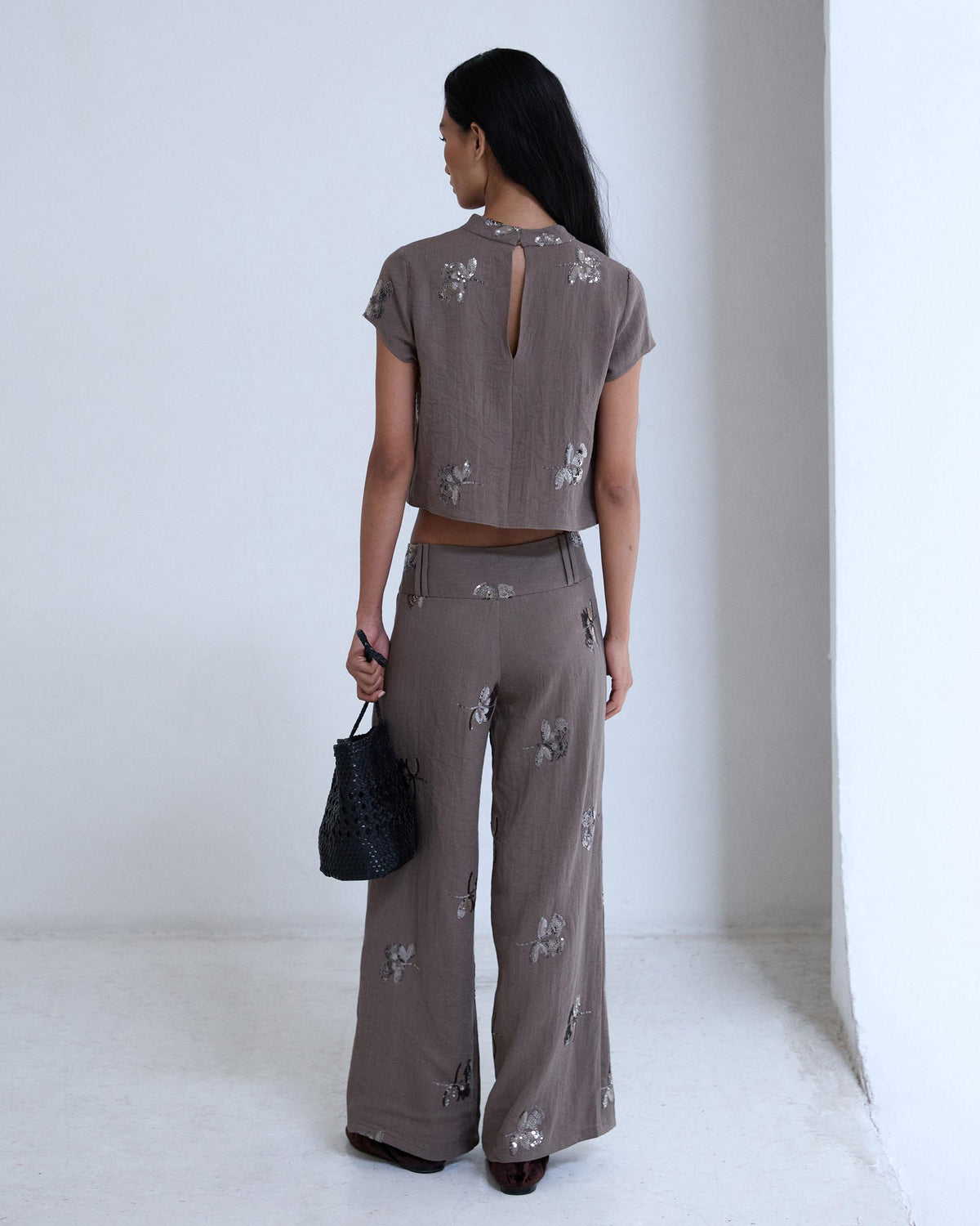 Pantalón Doble Cinturilla Lentejuelas Taupe