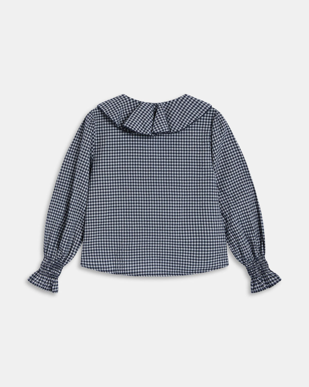 Dark Blue Gingham Blouse with Front Ruffles