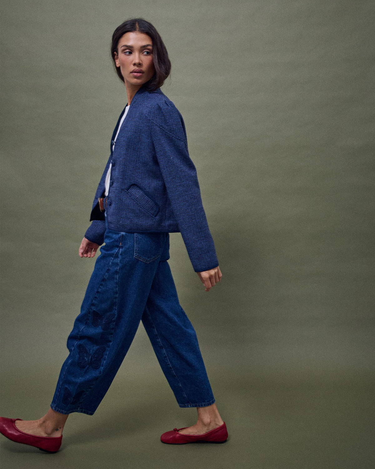 Chaqueta Ribete Contraste Mezcla Lana Azul