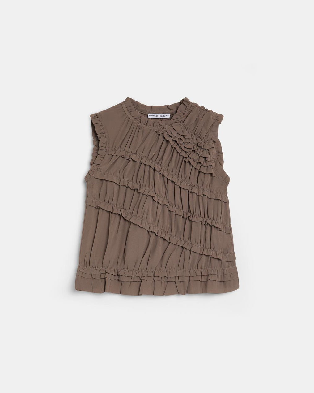 Top Taupe sans Manches à Volants Diagonaux