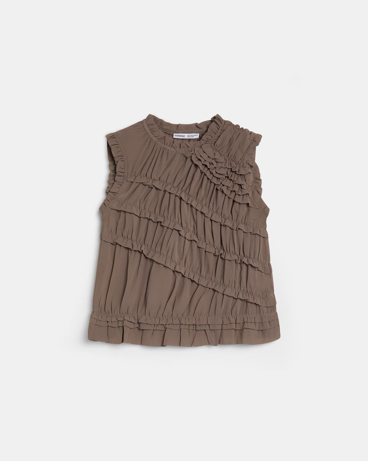 Top Taupe sans Manches à Volants Diagonaux