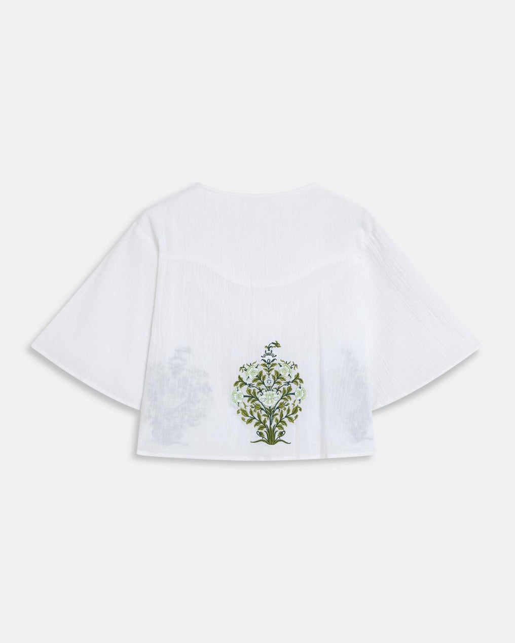 White Blouse with Floral Embroidery and V-Neck Yoke