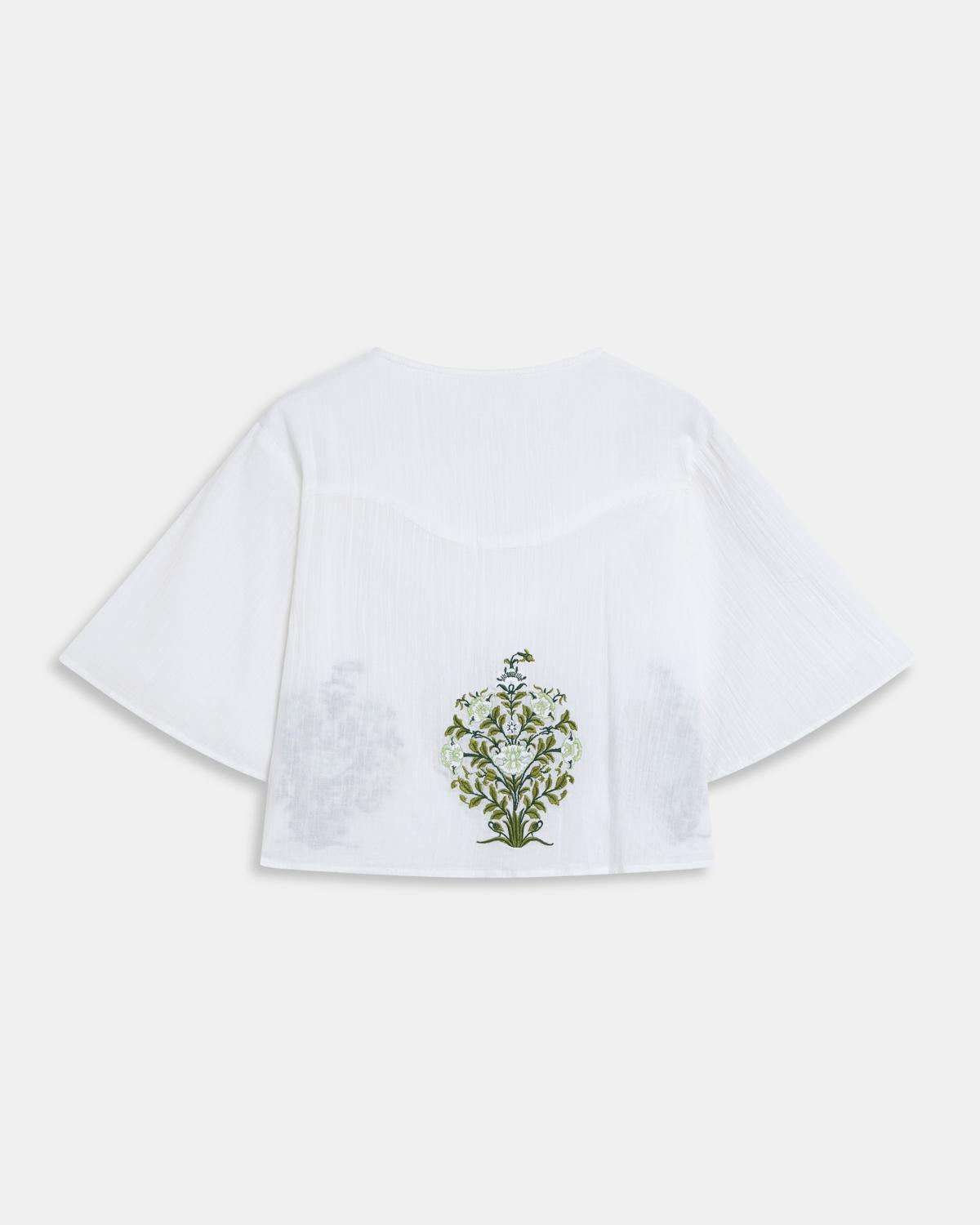 White Blouse with Floral Embroidery and V-Neck Yoke