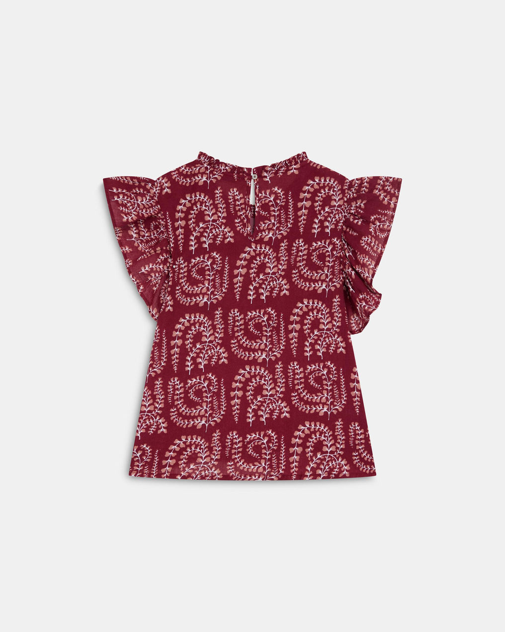 Blusa Manga Curta Folhos Rendas Estampada Grená