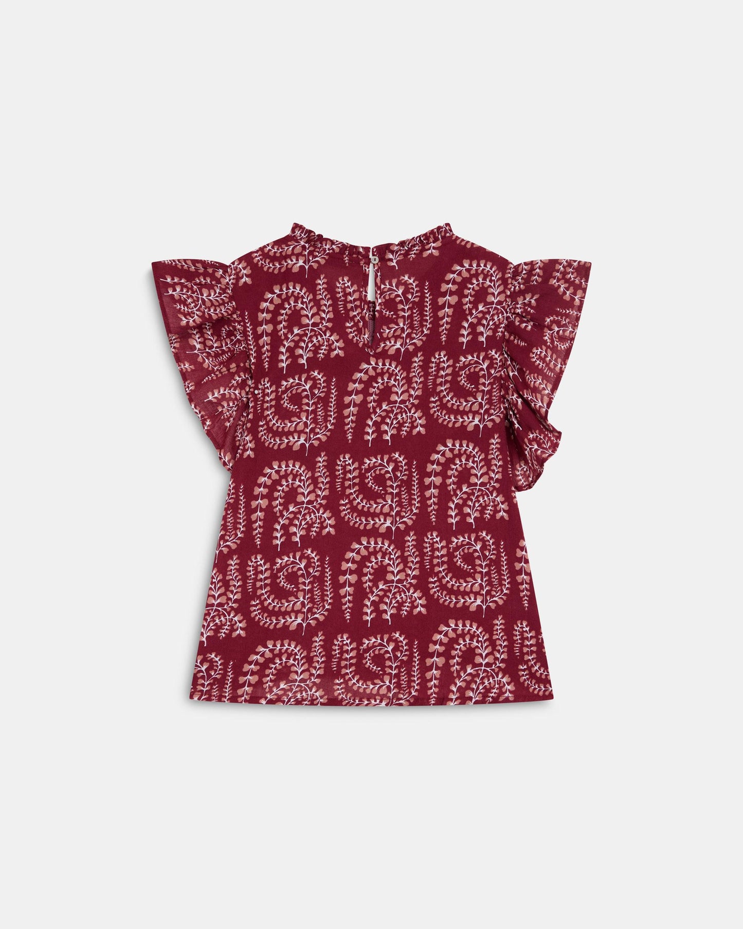 Blusa Manga Curta Folhos Rendas Estampada Grená