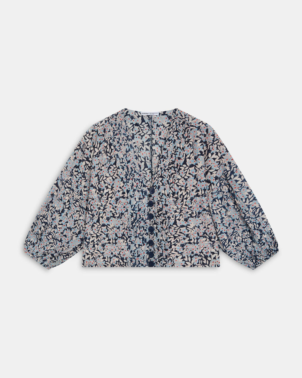Blue Floral Print Pleated Blouse