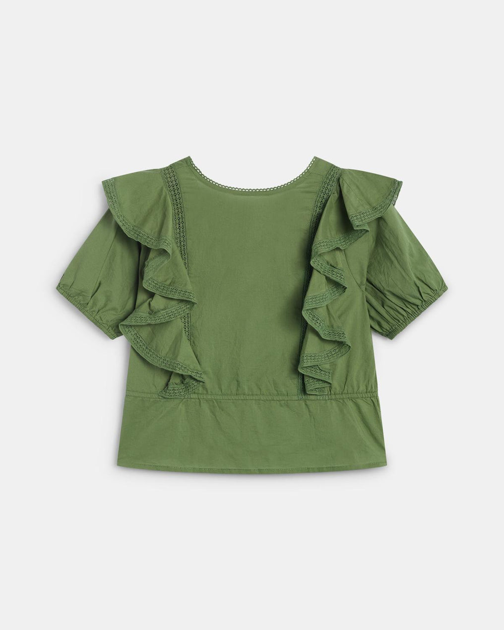 Short Sleeve Ruffle Button Up Blouse Green