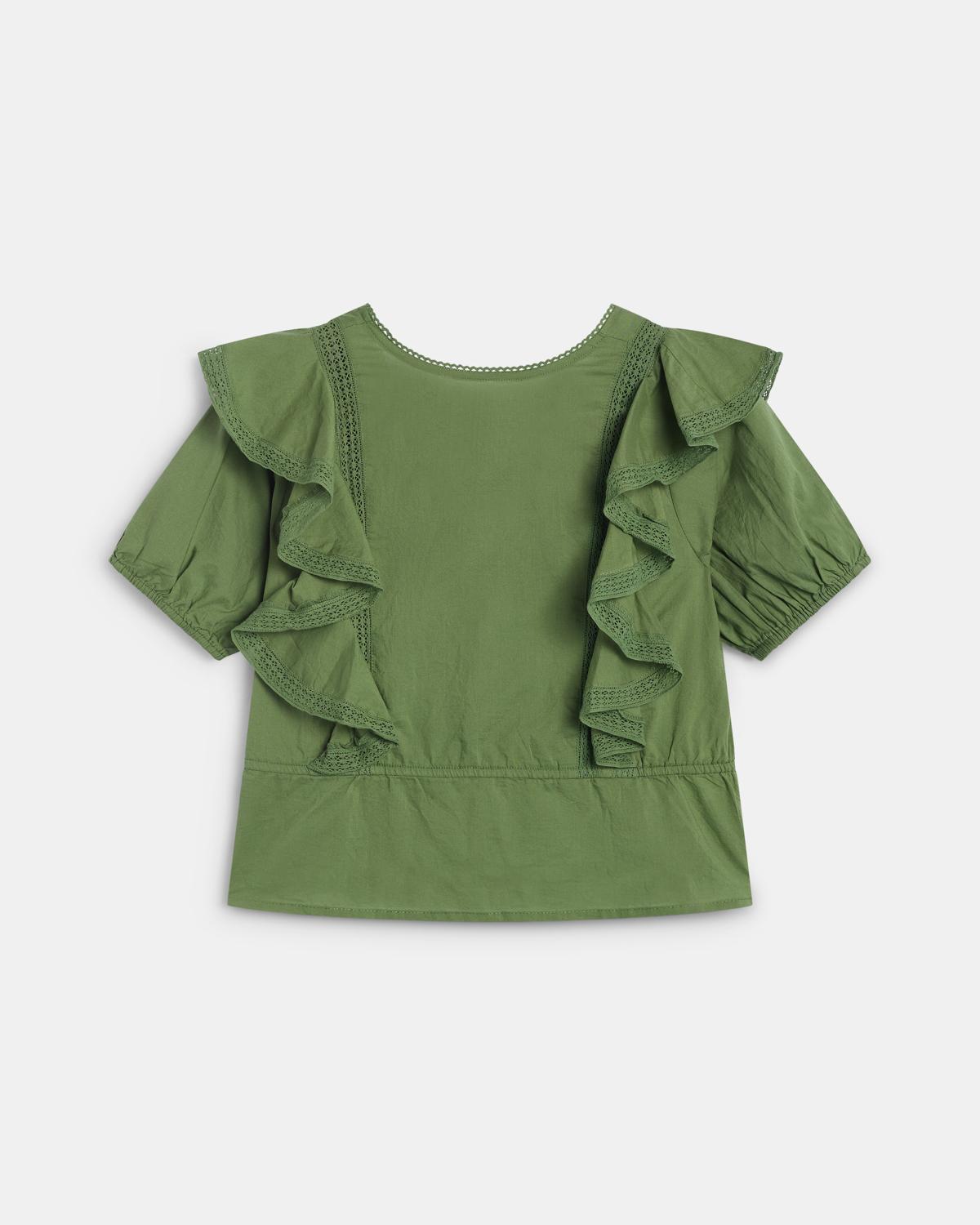 Short Sleeve Ruffle Button Up Blouse Green