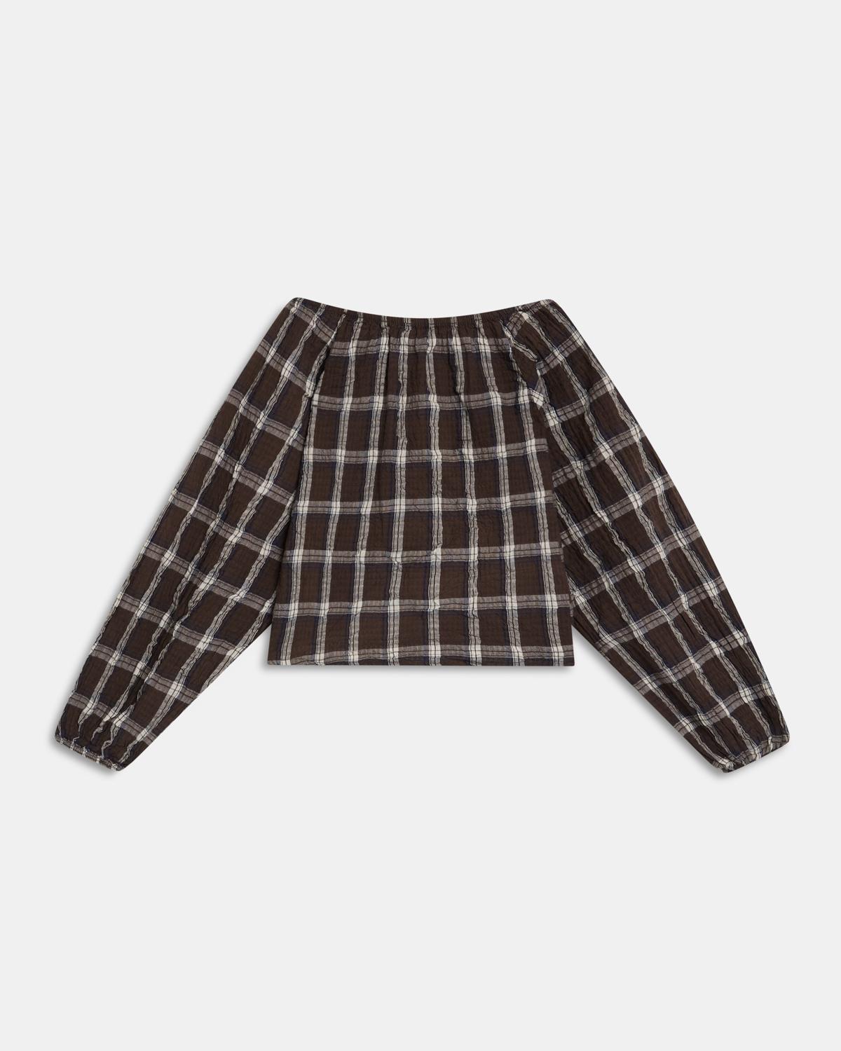 Itsasontzi eskotedun koadrodun blusa marroia