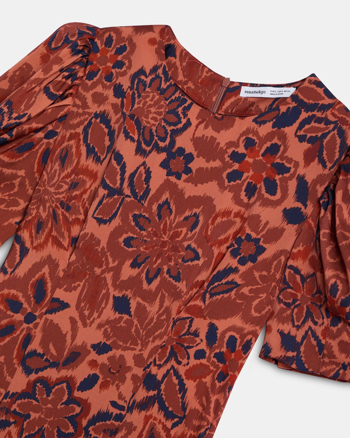 Vestido Manga Abullonada Estampado Floral Naranja