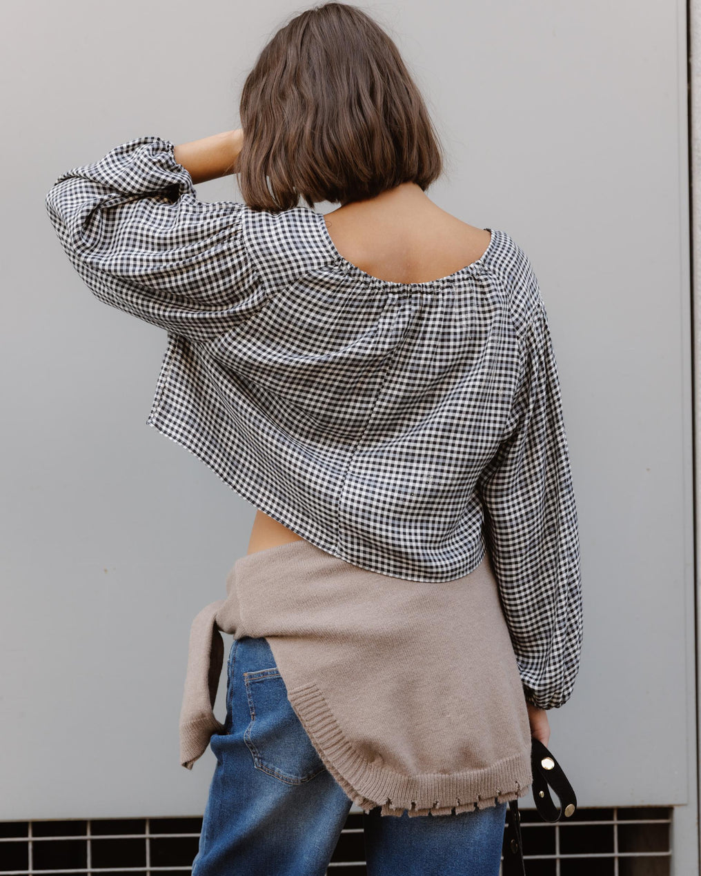 Black Check Tie-Front Blouse