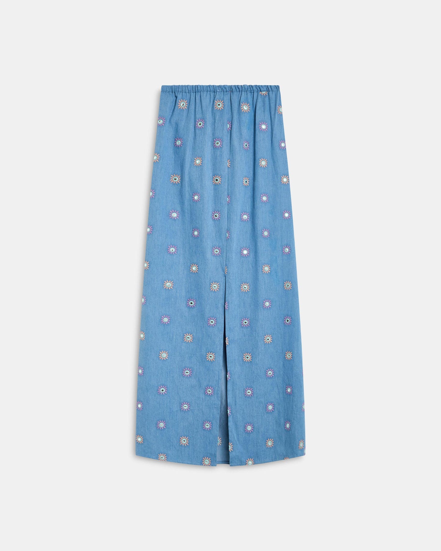 Vestido Bordados Sóis Espelhos Azul Jeans
