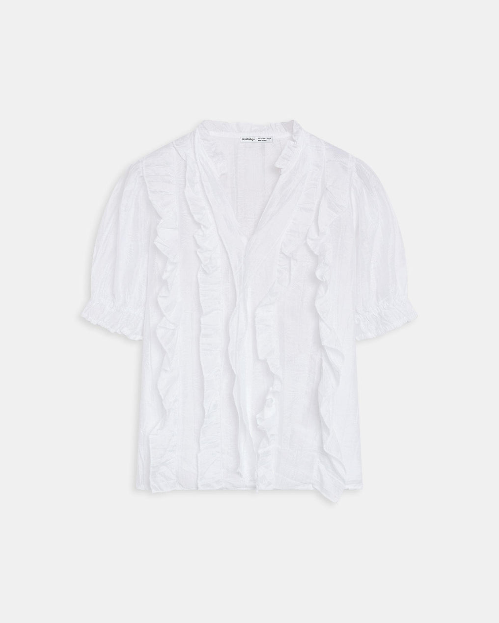 Blusa Manga Curta Folhos Decote em Bico Branca