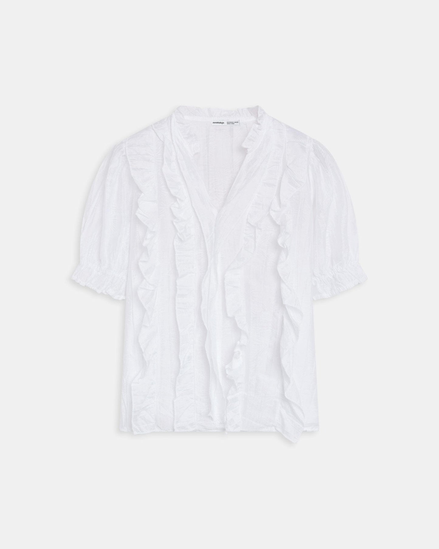 Blusa Manga Curta Folhos Decote em Bico Branca