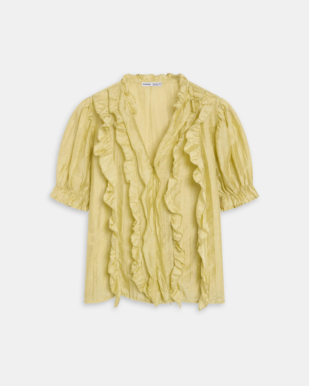 Blusa Manga Curta Folhos Decote em Bico Verde