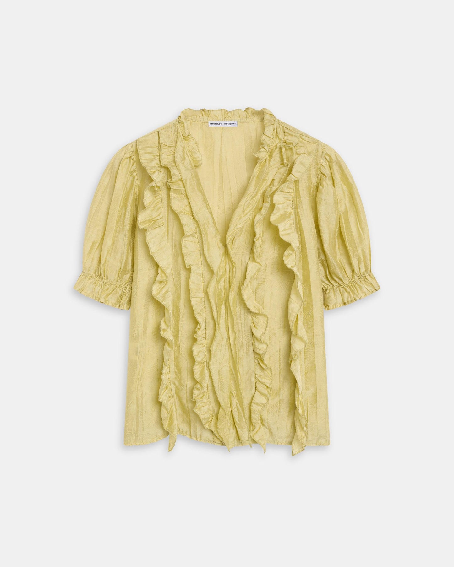 Blusa Manga Curta Folhos Decote em Bico Verde