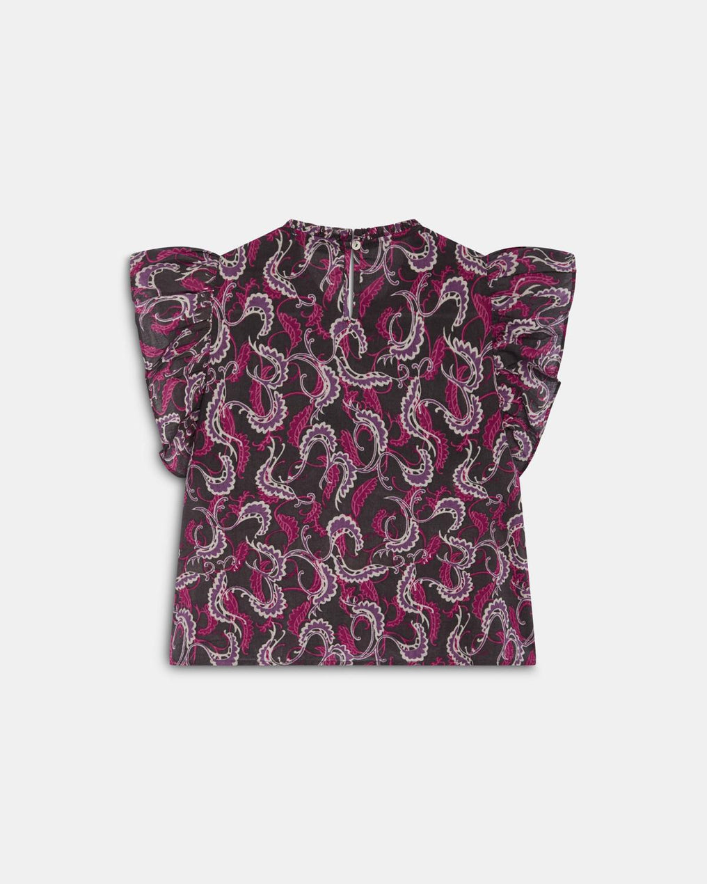 Blusa Manga Curta Volantes Rendas Padrão Antracite