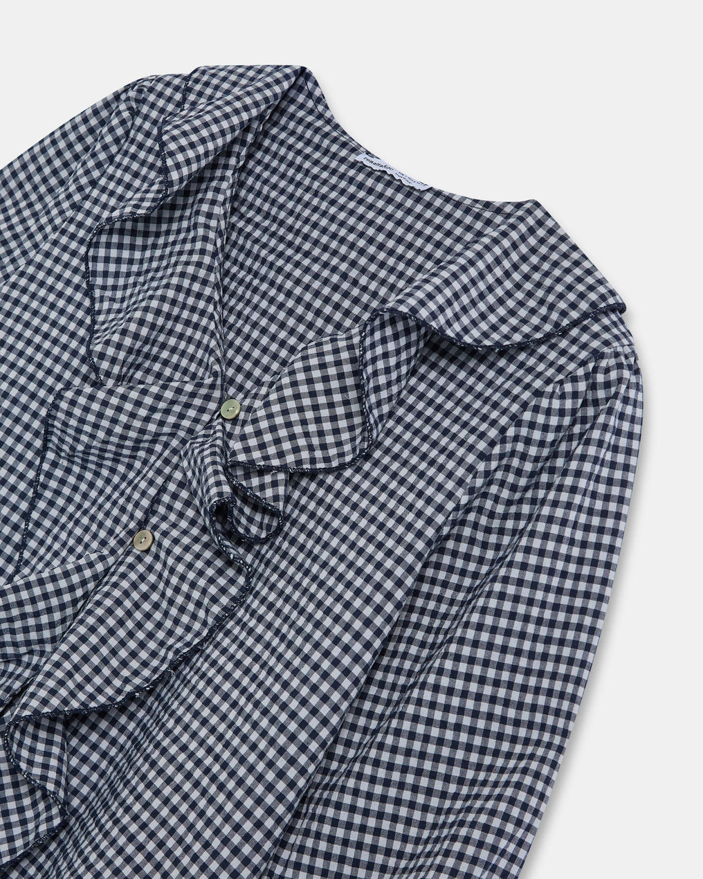 Dark Blue Gingham Blouse with Front Ruffles