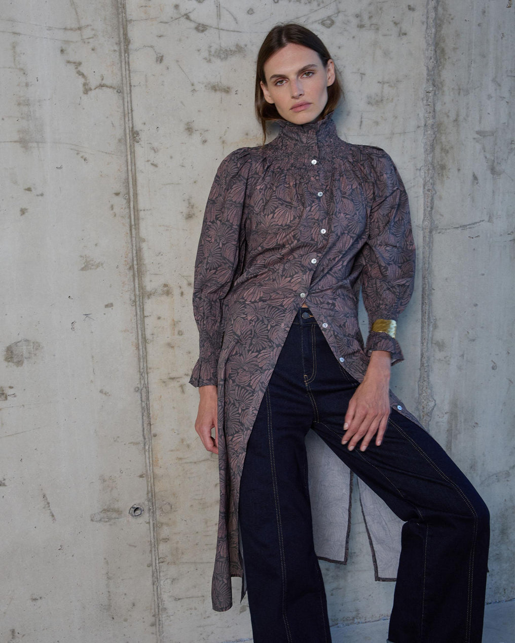 Vestido Manga Abullonada Estampado Antracita