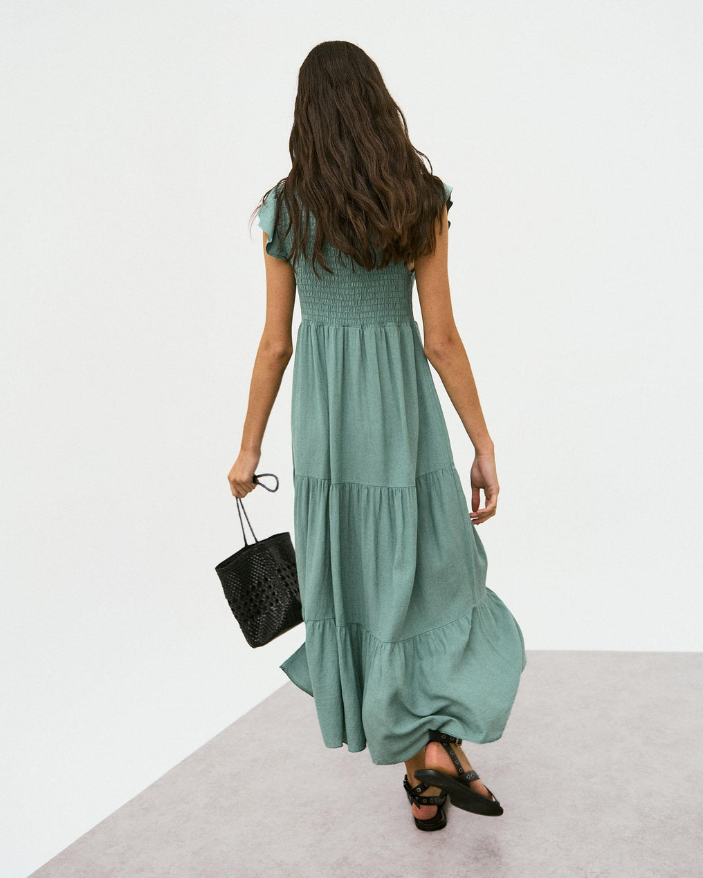 Vestido Largo Lino Nido De Abeja Verde Agua