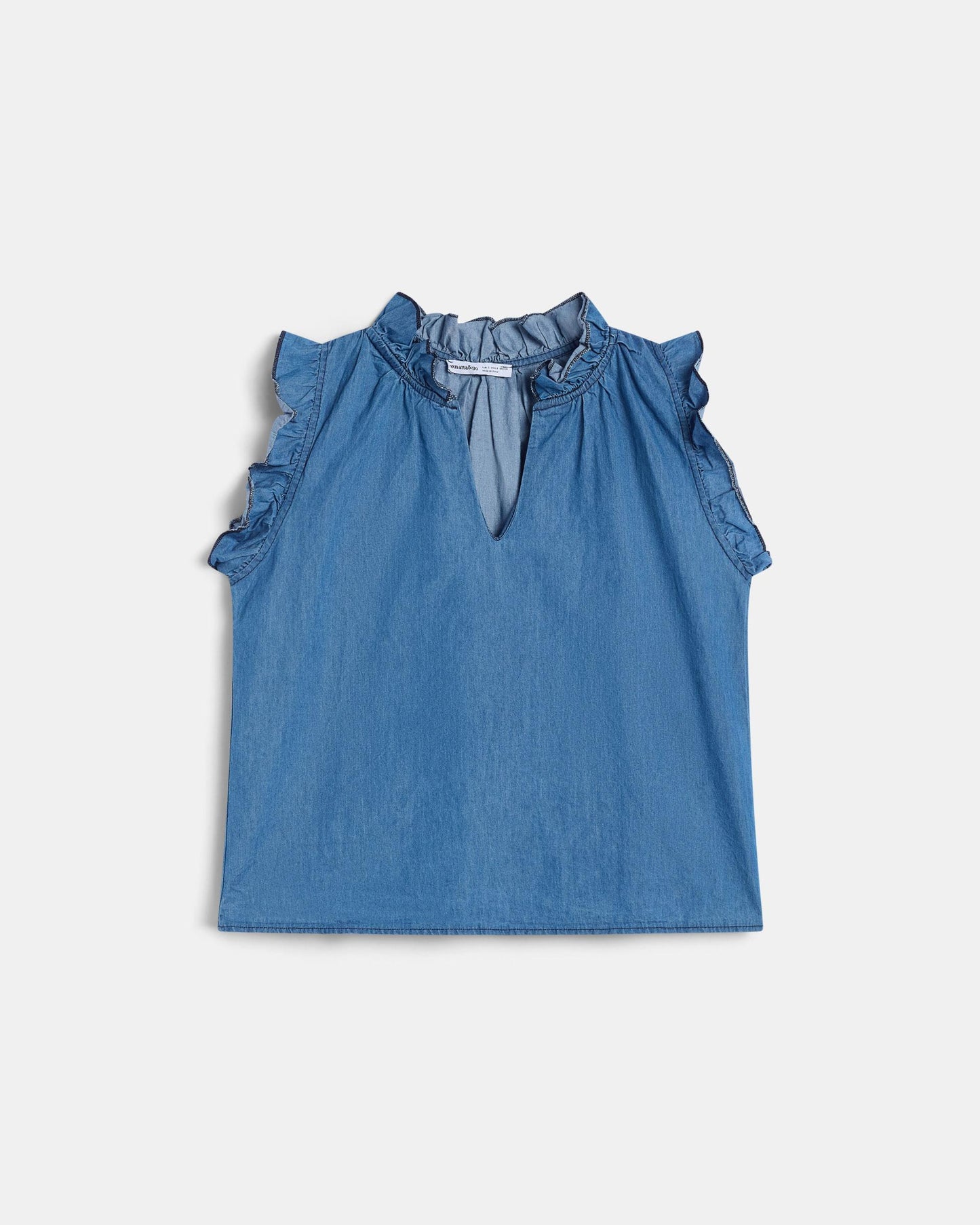 Blusa Sin Mangas Volantes Escote V Tipo Denim Azul Jeans