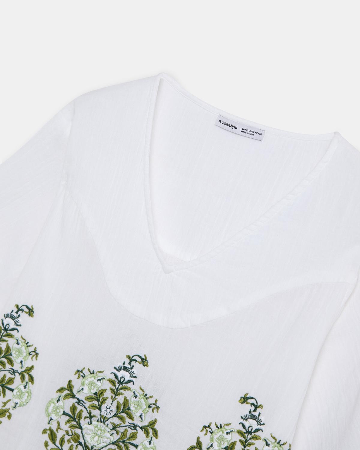 White Blouse with Floral Embroidery and V-Neck Yoke