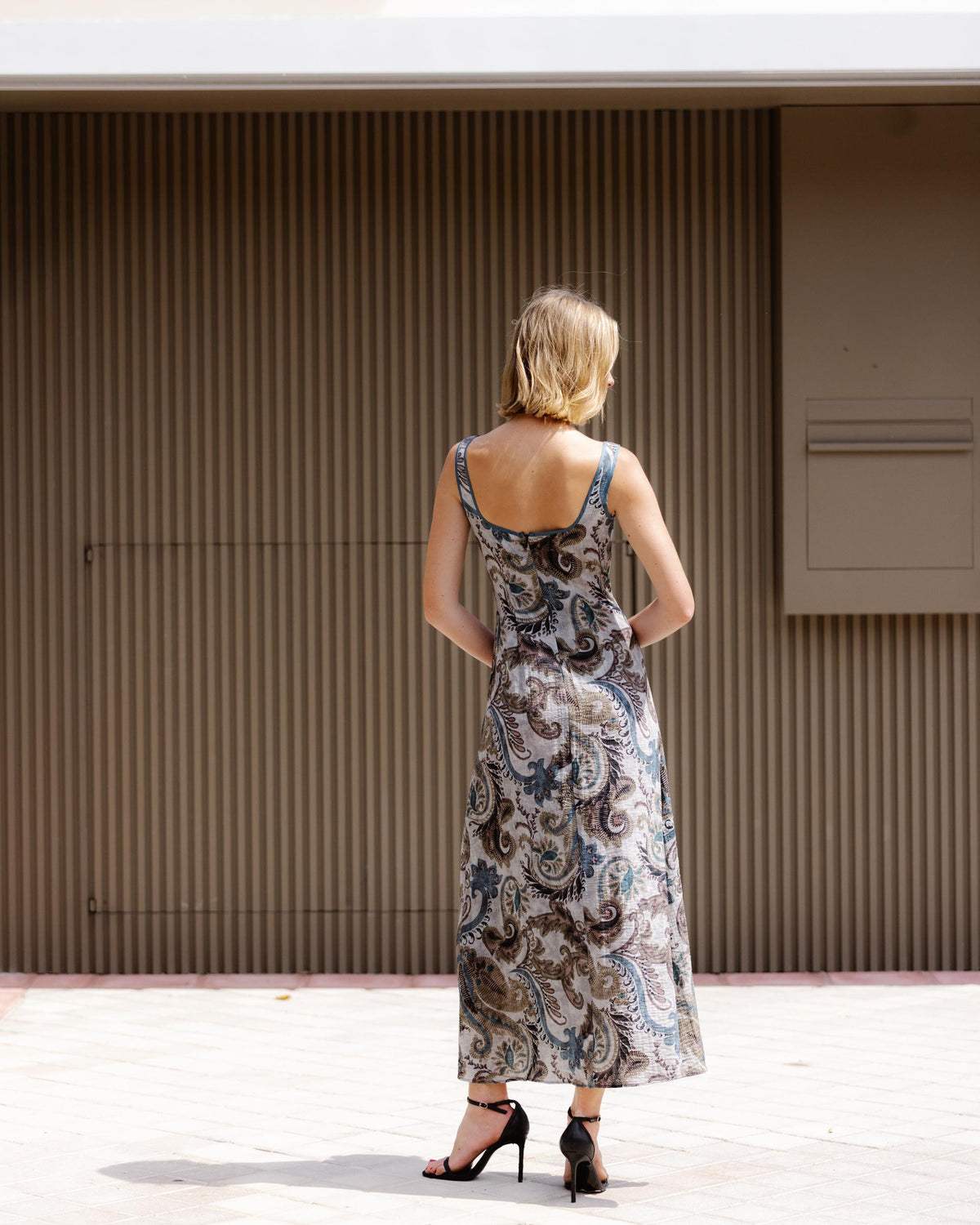 Blue Printed Strappy Dress with Trim Detail