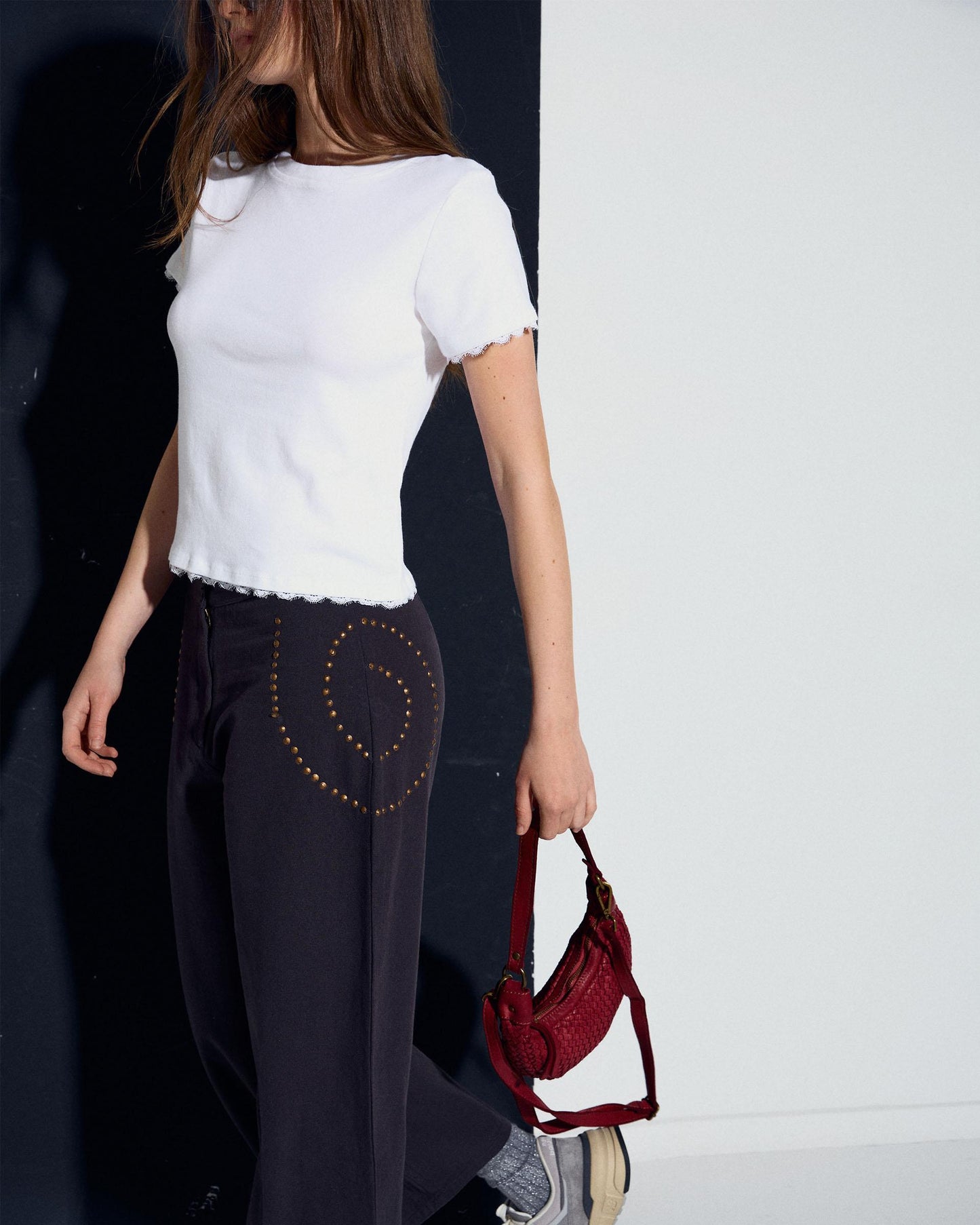 T-shirt de Manga Curta com Renda Branca