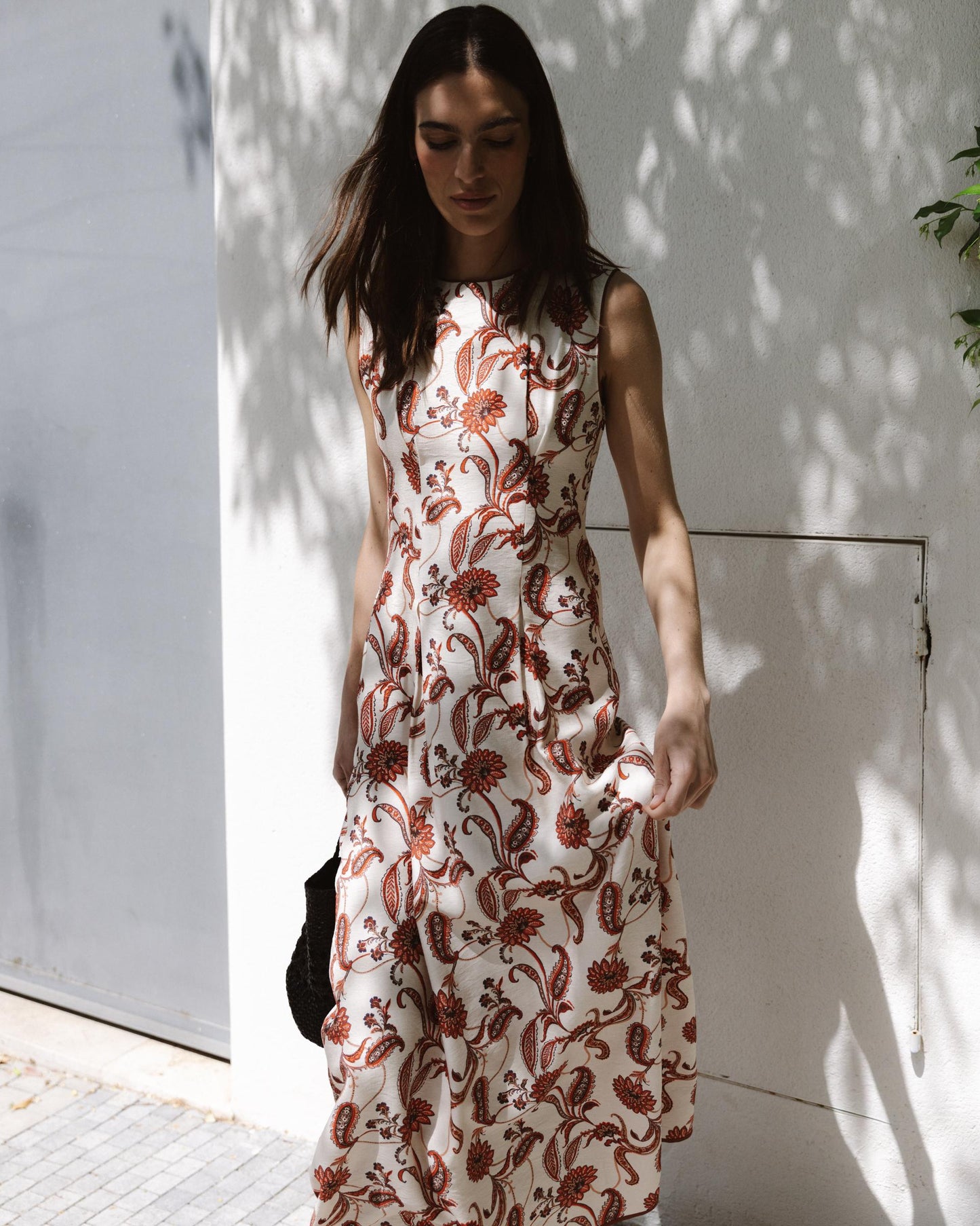 Robe sans Manches Imprimé Floral Écru