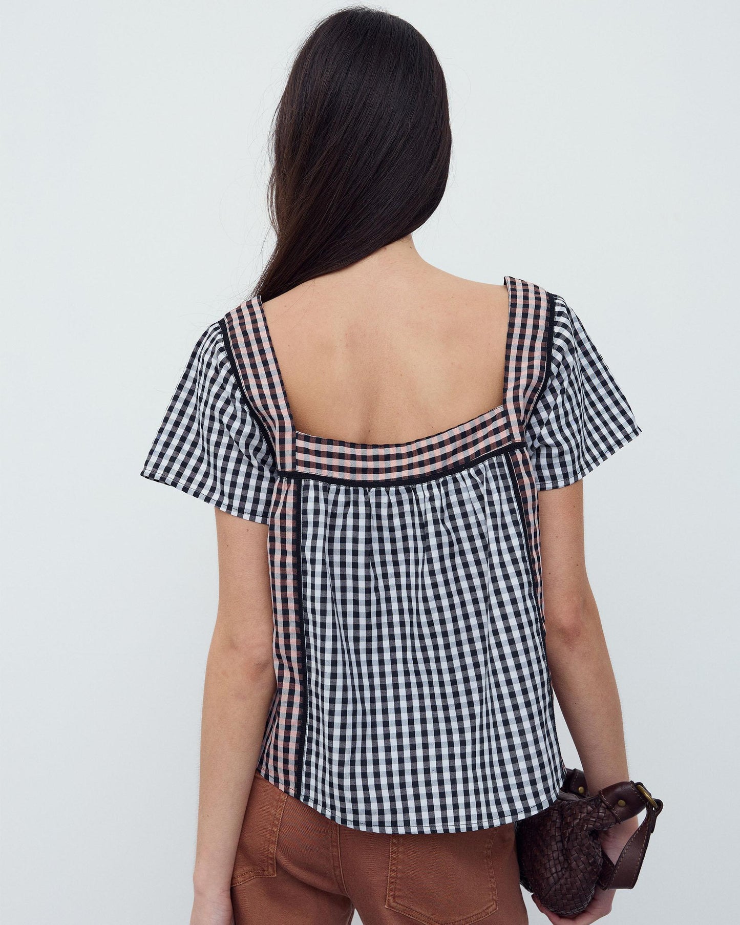 Gingham Blouse with Black Contrast