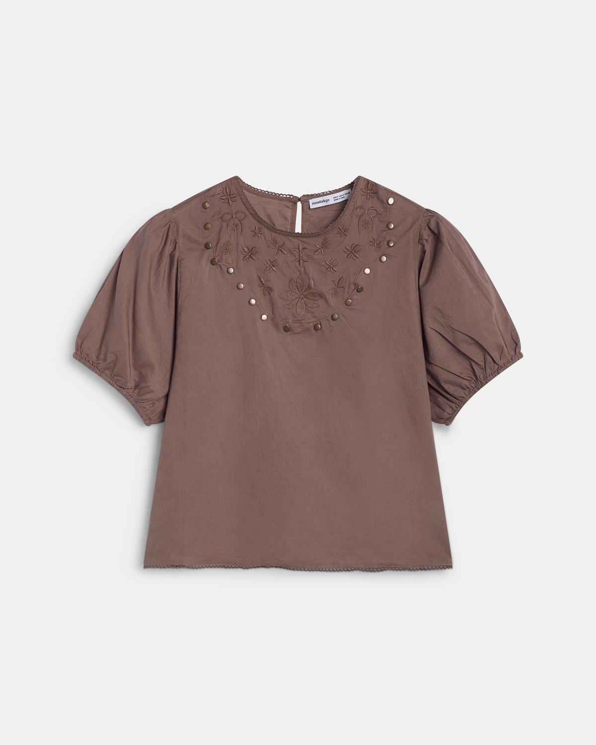 Embroidered Studded Brown Blouse
