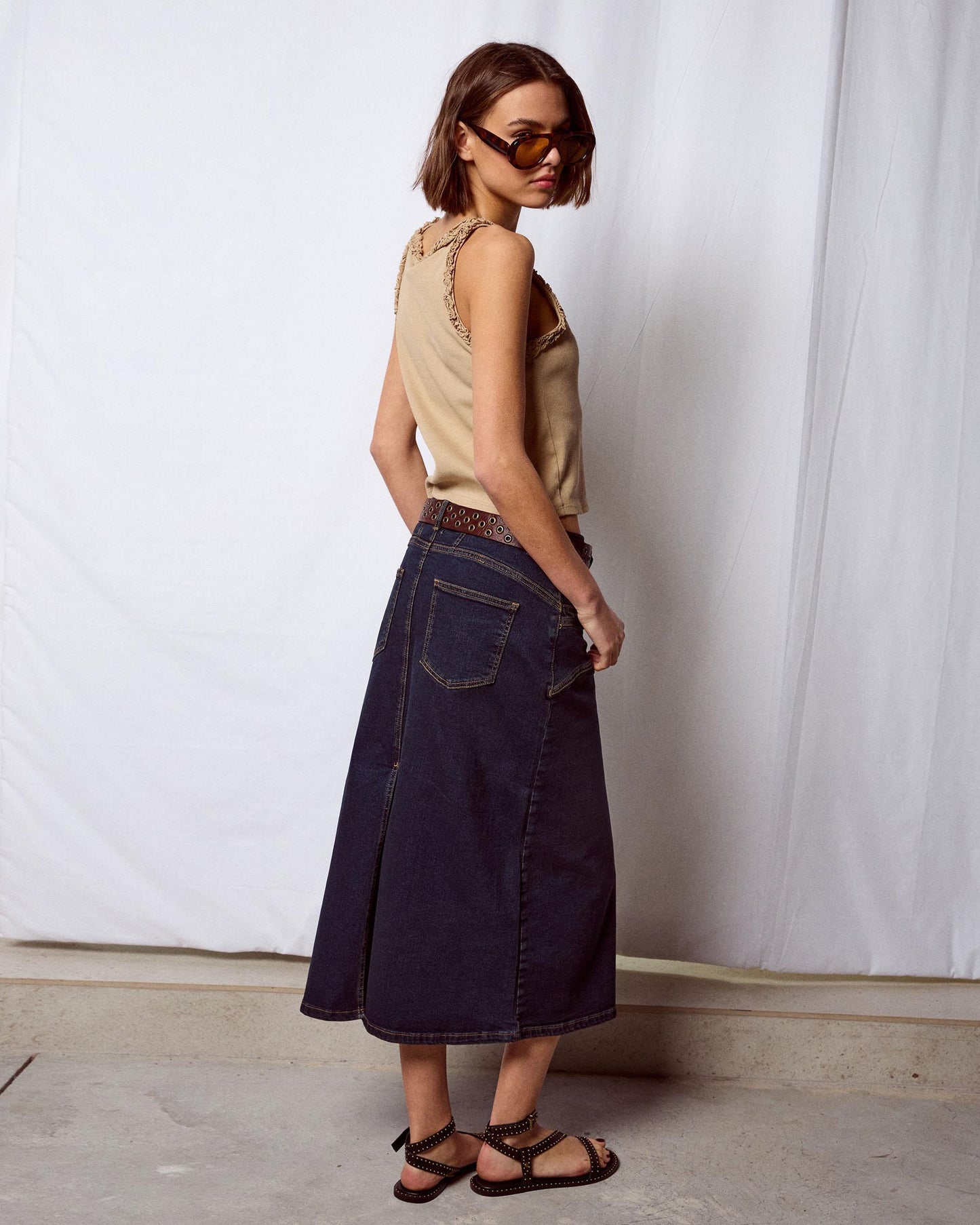 Falda Denim Costuras Azul Oscuro