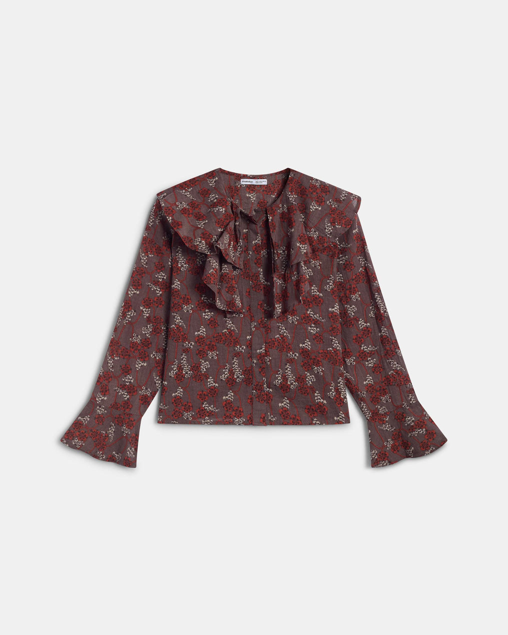 Blusa Volantes Assimétricos Padrão Floral Castanho